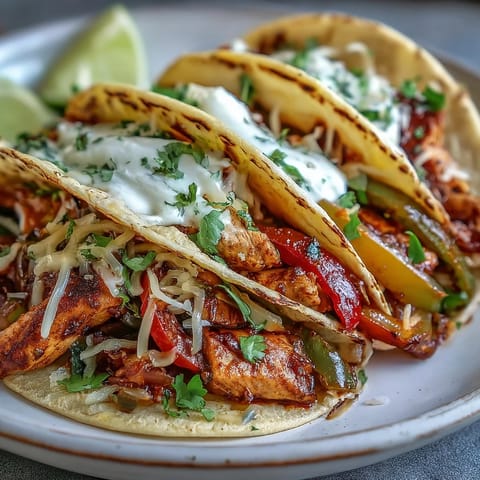 Sizzling Easy Chicken Fajitas straight from the skillet, garnished with fresh cilantro and lime.
