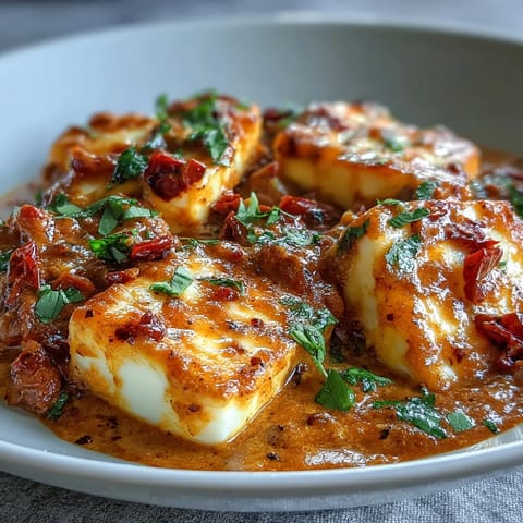Served alongside fluffy basmati rice, this Creamy Halloumi and Tomato Curry looks vibrant.