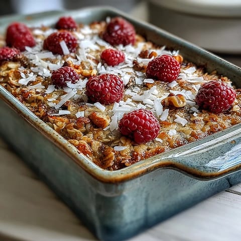 Golden squares of Baked Oatmeal with Raspberry and Coconut sit in a ceramic dish, with fresh berries and maple syrup ready to serve.