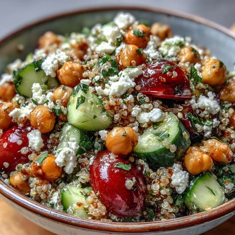 Colorful Mediterranean-inspired High Protein Quinoa & Chickpea Salad tossed with fresh herbs and olive oil, ready to enjoy for a healthy lunch.