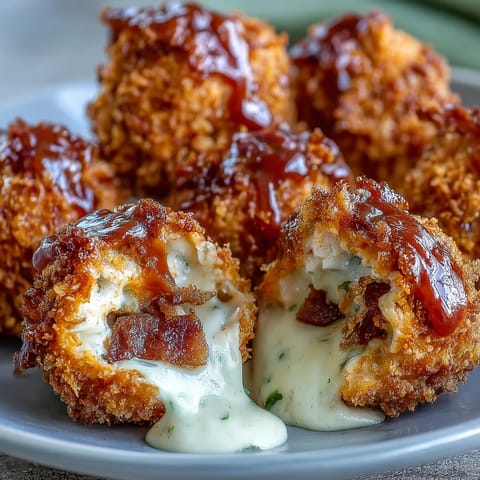 Crunchy panko-coated balls stuffed with spicy ground chicken, bacon, and gooey mozzarella cheese.