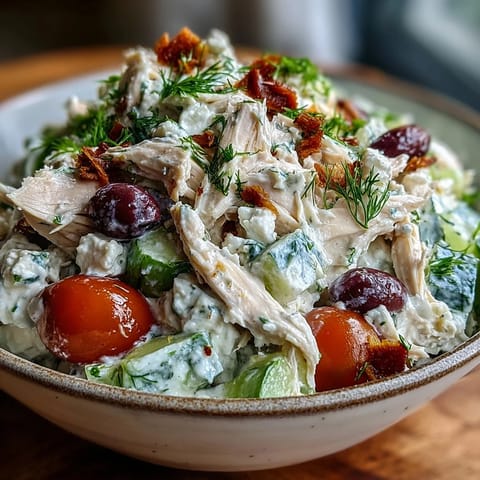Served over fresh spinach, this protein-packed Tzatziki Chicken Salad is topped with diced avocado and crumbled feta, perfect for a light, satisfying lunch.