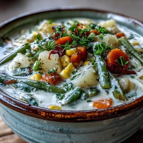 Creamy Amish Snow Day Soup with tender vegetables and fresh parsley garnish in a rustic bowl.
