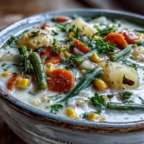Chunky potatoes, carrots, and corn simmer in a savory broth, perfect for a cozy winter lunch.