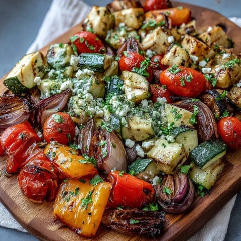 A close-up of savory Greek roasted vegetables with cherry tomatoes, garlic, and oregano, garnished with feta and parsley, served alongside warm pita bread.