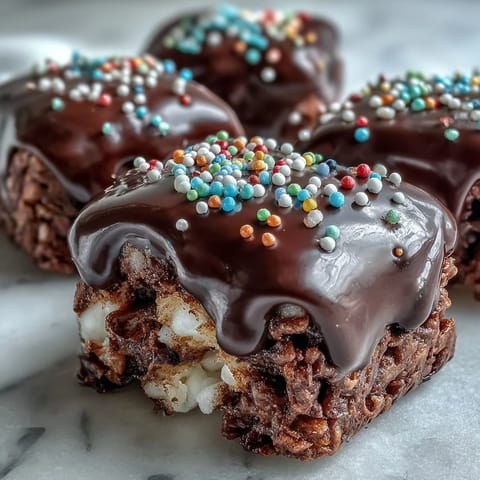 Homemade Chocolate Covered Rice Krispy Treats with colorful sprinkles on a rustic wooden table.