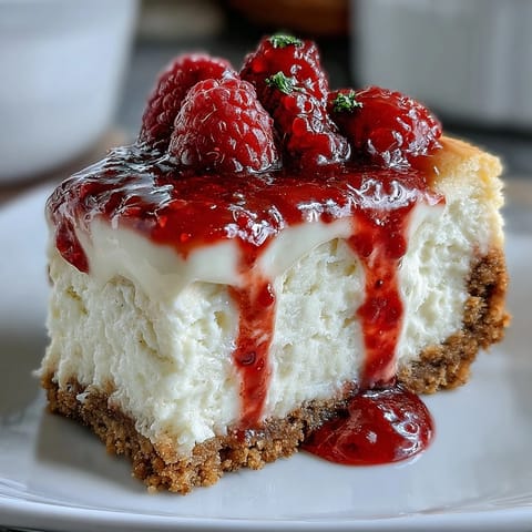 Creamy white chocolate raspberry cheesecake slice with graham cracker crust and fresh berry garnish.