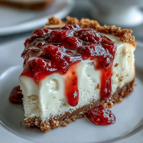 Decadent white chocolate raspberry cheesecake topped with vibrant raspberry sauce on a marble board.