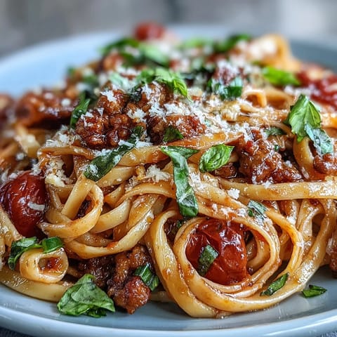 Garlic, onions, and sweet cherry tomatoes simmer in the skillet, creating a vibrant, aromatic sauce.