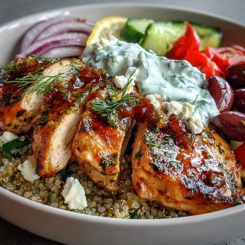 Juicy lemon-herb grilled chicken slices rest on fluffy quinoa with cucumber, tomatoes, and creamy tzatziki in this Greek Chicken Power Bowl.