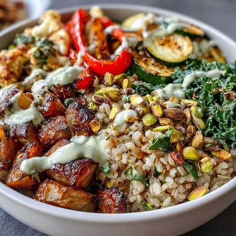 Golden roasted eggplant and zucchini sit atop fluffy bulgur pilaf with pistachios in this Mediterranean Buddha bowl, drizzled with creamy tahini dressing.