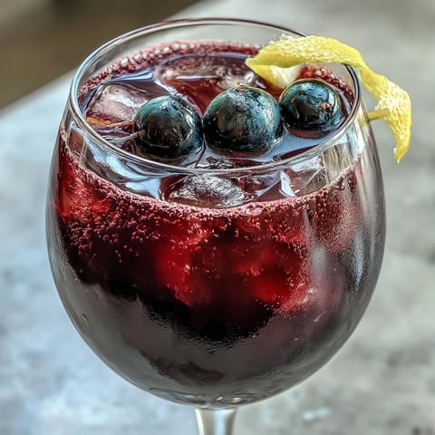 A chilled glass of Black Currant and Cassis Cocktail garnished with fresh blackcurrants and a lemon twist.