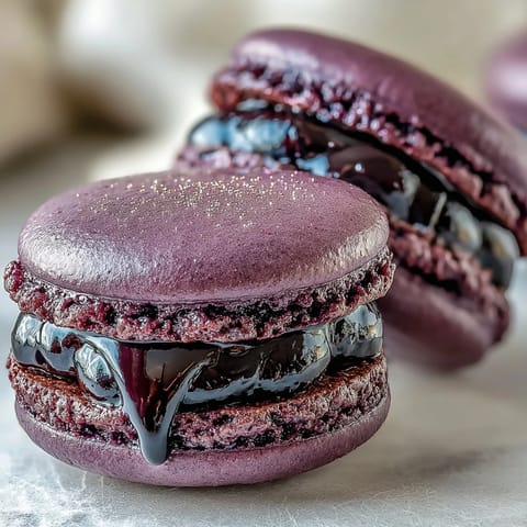 Stacked purple-hued Black Currant Macarons with cracked shells and creamy ganache filling on a white plate.