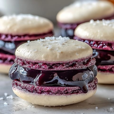 A close look at Black Currant Macarons showcasing delicate almond feet and vibrant, smooth ganache centers.
