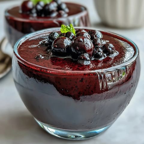 A single Black Currant Panna Cotta stands in a ramekin, featuring a vibrant purple puree topping and a fresh berry garnish on a marble counter.