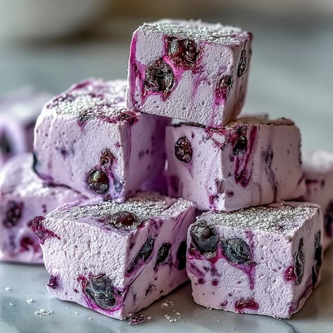 Fluffy Black Currant Marshmallows with a vibrant lavender hue melting into a steaming mug of hot cocoa.