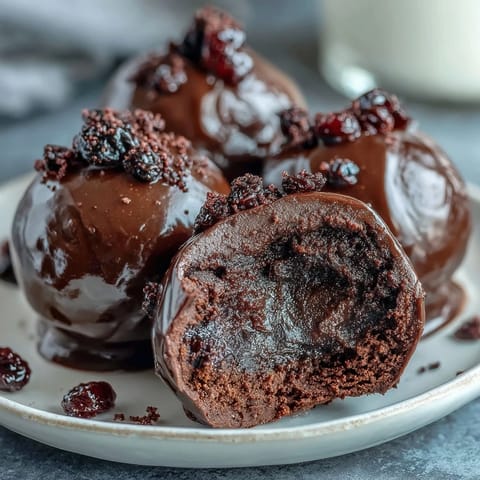 Glossy Black Currant Chocolate Truffles are arranged on a parchment-lined tray, coated in rich dark chocolate and dusted with cocoa powder.