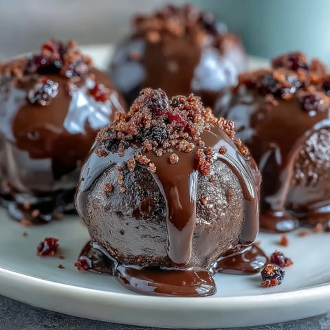 A close-up view of a Black Currant Chocolate Truffle broken in half, revealing the vibrant purple black currant ganache center.