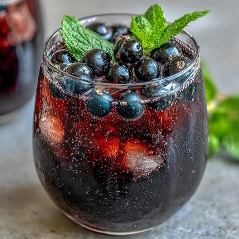 Sparkling Black Currant It Berry Celebration Drink is poured over ice into a tall glass, garnished with fresh mint and berries.
