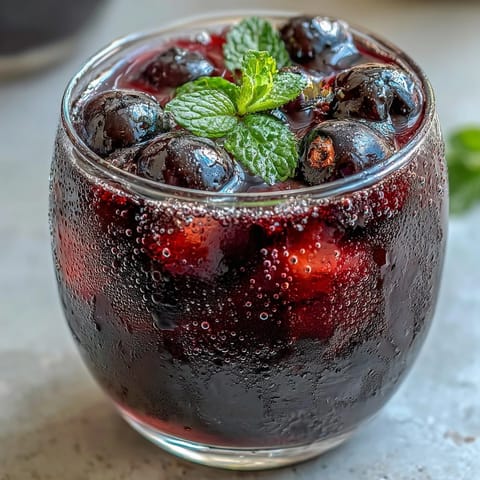 A creamy Black Currant It Berry Celebration Drink smoothie fills a glass, topped with a sliced banana and a reusable straw.