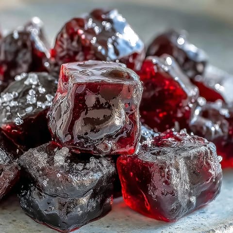 Homemade Black Currant Gummies on a wooden cutting board, dusted with sugar and ready to serve.