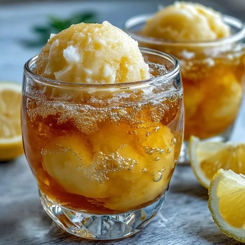 Bright lemon sorbet and Limoncello float topped with effervescent sparkling water, garnished with fresh mint and lemon zest for a zesty finish.