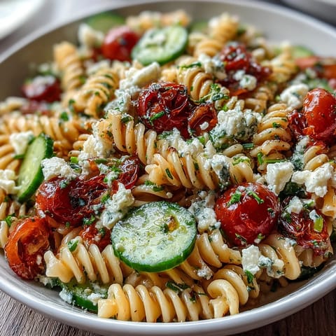 A vibrant pasta salad with fresh cucumbers, cherry tomatoes, and zesty lemon vinaigrette for a refreshing summer dish.