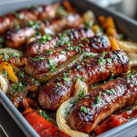 Sheet pan sausage and peppers with juicy sausages and colorful bell peppers roasted to perfection.  