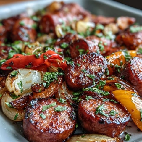One-pan sausage and peppers dinner, featuring tender veggies and savory sausages for an easy weeknight meal.  