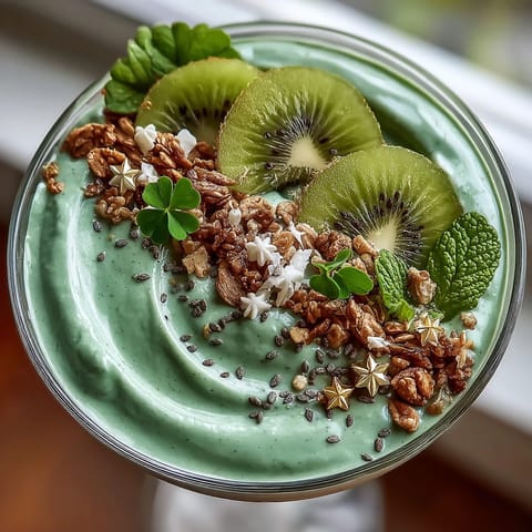Vibrant green shamrock protein smoothie bowl with fresh spinach, avocado, and banana, topped with kiwi slices and granola for a festive St. Patrick's Day breakfast.