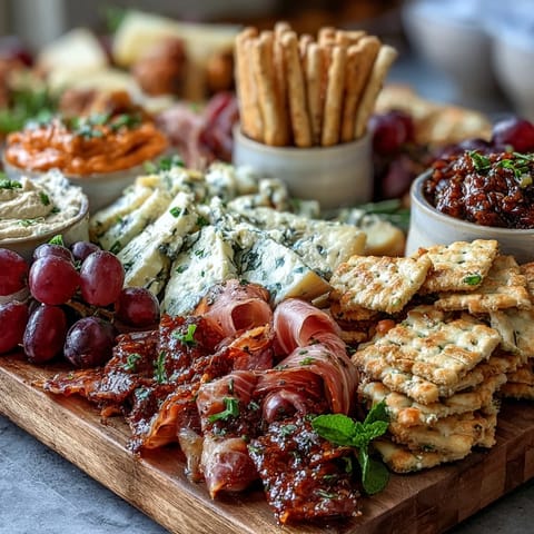 A lavish charcuterie board brimming with cured meats, cheeses, and vibrant fruits, perfect for your housewarming party.