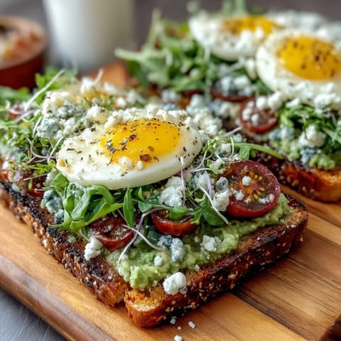 Creamy avocado spread on toasted sourdough with radishes, cherry tomatoes, and feta cheese.  