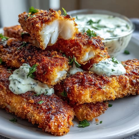 Soul food fried catfish with Southern spices, golden-brown and crispy, paired with tangy homemade remoulade for dipping.  