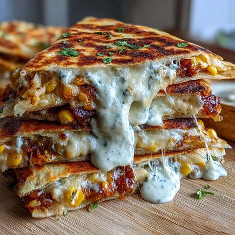 Cinco de Mayo Street Corn Quesadillas with Chipotle Crema served on a wooden board, golden and crispy, topped with crumbled Cotija cheese and fresh cilantro.  