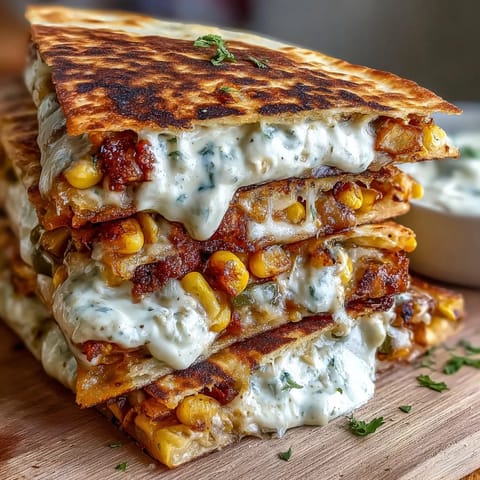 Warm, melty cheese quesadillas filled with roasted corn, red onion, and jalapeño, drizzled with smoky chipotle crema and lime wedges on the side.  