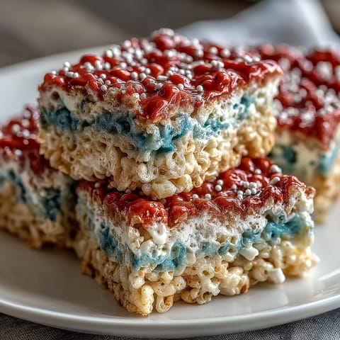 Patriotic Rice Krispies treats with vibrant red, white, and blue layers, topped with festive sprinkles.