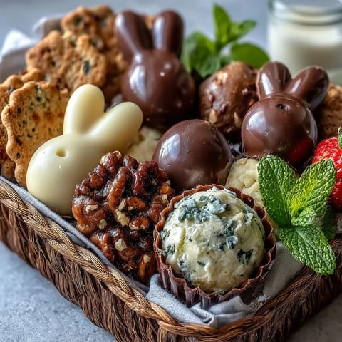 Spring Charcuterie: Mini Easter Basket Treat Board filled with colorful cheeses, fruits, and sweets arranged in festive mini baskets.