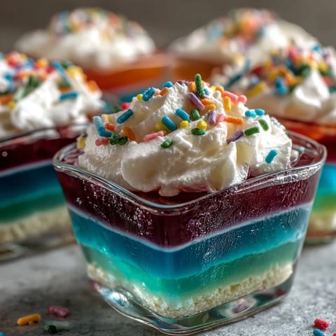 Vibrant rainbow Jello cups layered in clear glasses, topped with fluffy whipped cream and colorful sprinkles.