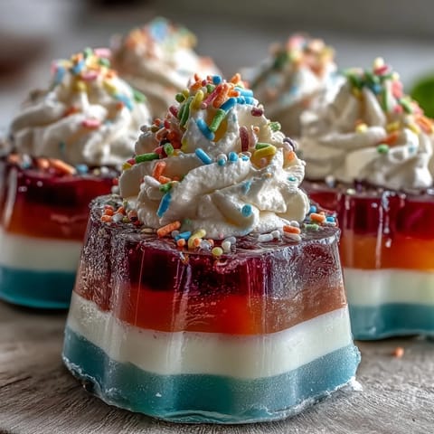Bright, fruity rainbow Jello cups stacked in vibrant layers, garnished with a swirl of whipped topping for a festive dessert.