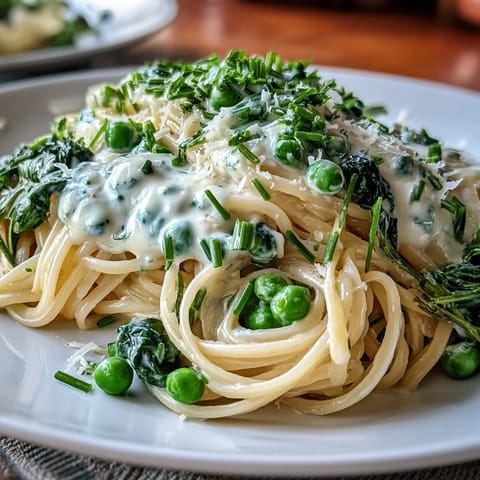Creamy lemon pasta with bright green peas and spinach, topped with grated Parmesan and a sprinkle of chives.