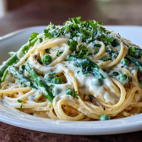 Vibrant spring pasta with lemon cream sauce and peas, served in a white bowl with fresh herbs and lemon zest.