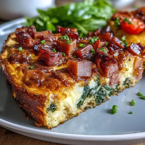 One-Pan Ham and Swiss Frittata with golden cheese crust, fluffy eggs, and tender vegetables baked to perfection.  