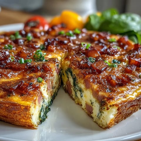 Savory One-Pan Ham and Swiss Frittata loaded with diced ham, spinach, and melted Swiss cheese, ideal for brunch.  