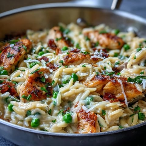 Creamy One-Pot Lemon Orzo with Chicken and Peas in a skillet with bright lemon zest and fresh parsley.