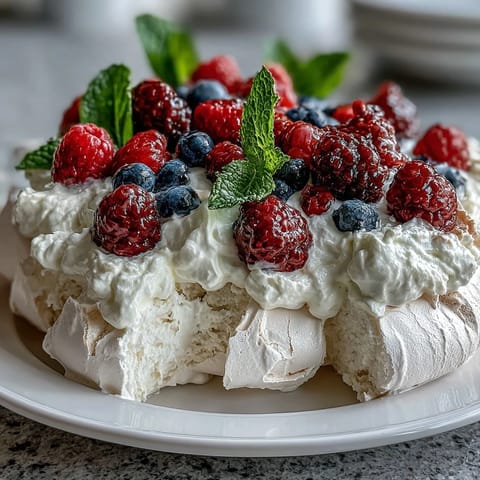Elegant pavlova with fresh berries and cream, crisp meringue topped with fluffy whipped topping and vibrant spring berries.