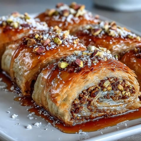 Crispy phyllo pastry rolls stuffed with crushed pistachios and drizzled with fragrant orange blossom syrup.  