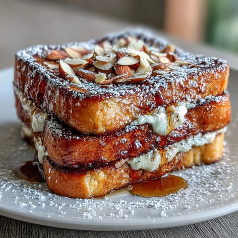 Rich and creamy almond croissant French toast featuring brioche bread, luscious almond filling, and a crunchy almond topping for breakfast bliss.