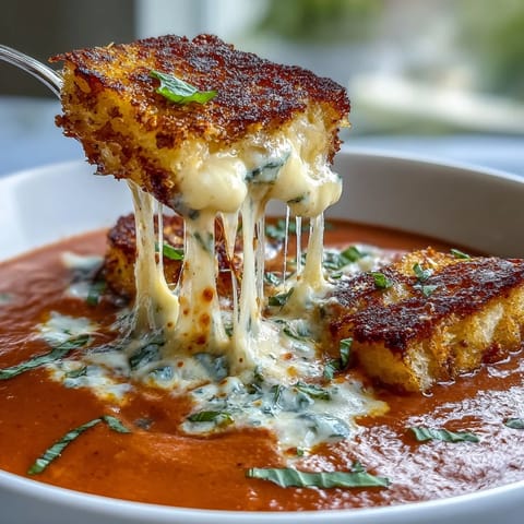 Velvety tomato soup infused with basil and topped with golden grilled cheese croutons, perfect for cozy comfort food.
