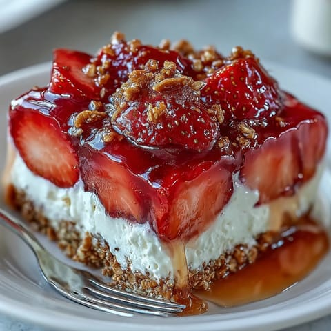 Red and white layered Memorial Day Strawberry Pretzel Salad, ready for summer parties.