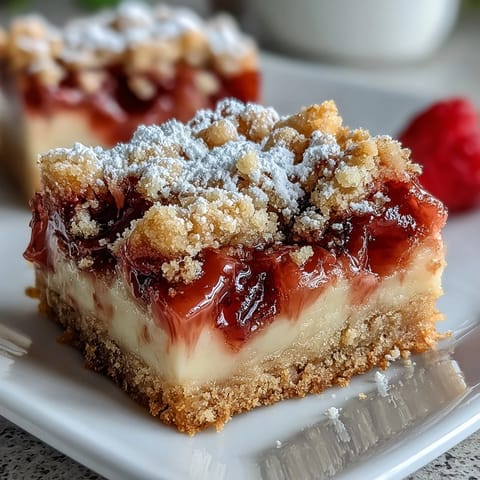 Golden Rhubarb Custard Bars with buttery shortbread crust, dusted with powdered sugar.